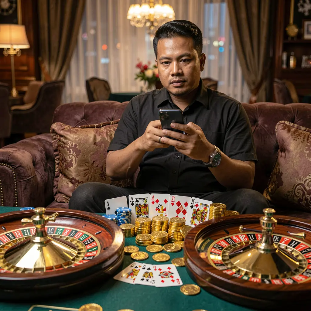Young Indonesian man relaxing on a sofa while using the RKGG casino app surrounded by floating gold coins roulette wheel and playing cards