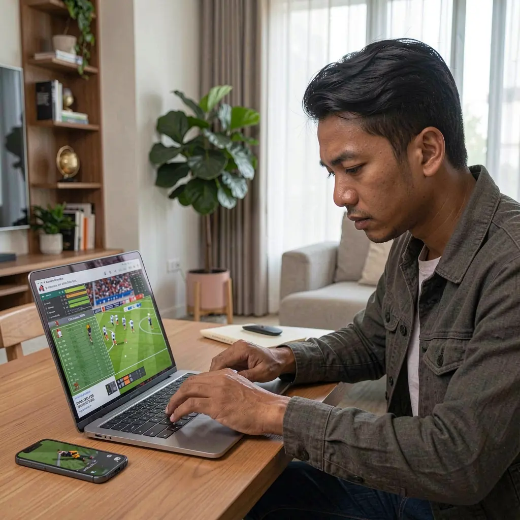 Focused Indonesian sports bettor using a laptop at home to place live soccer bets through the RKGG betting platform