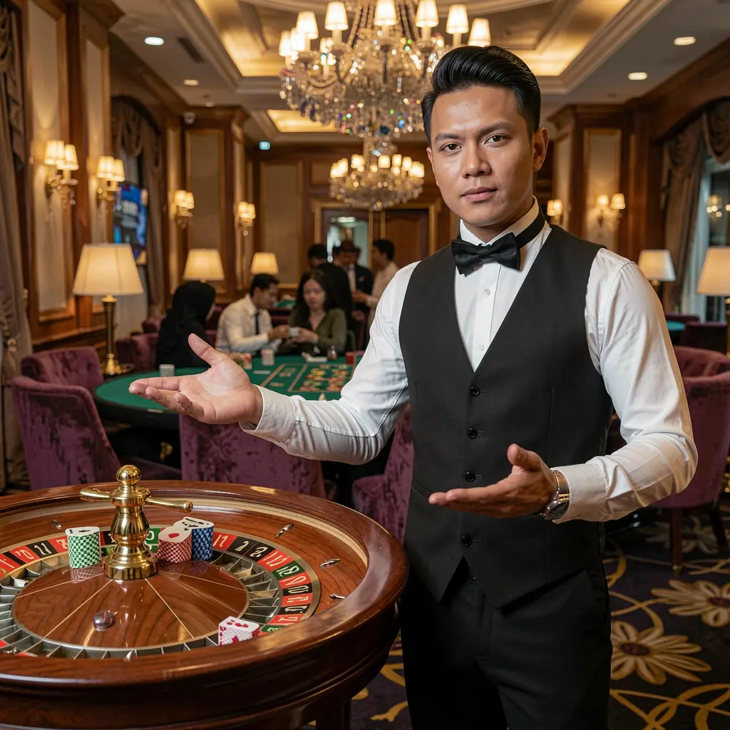 Professional roulette dealer in a formal vest and bow tie standing by the wheel inside the RKGG live casino for Indonesian players