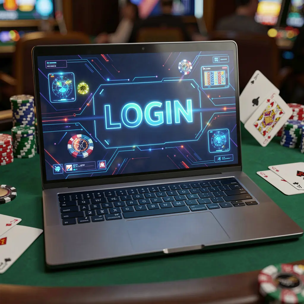 Futuristic RKGG login interface on a laptop with blurred casino chips and cards in the background for secure access in Indonesia