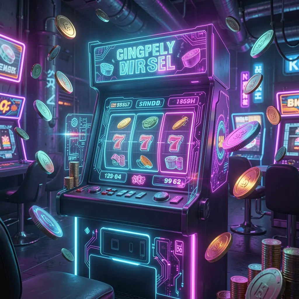 Futuristic slot machine with glowing reels and flying coins in a neon casino atmosphere showcasing the immersive RKGG slots experience for Indonesia